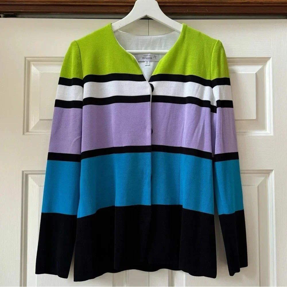 Exclusively Misook Color block Snap Front Knot Cardigan Sweater Size Medium